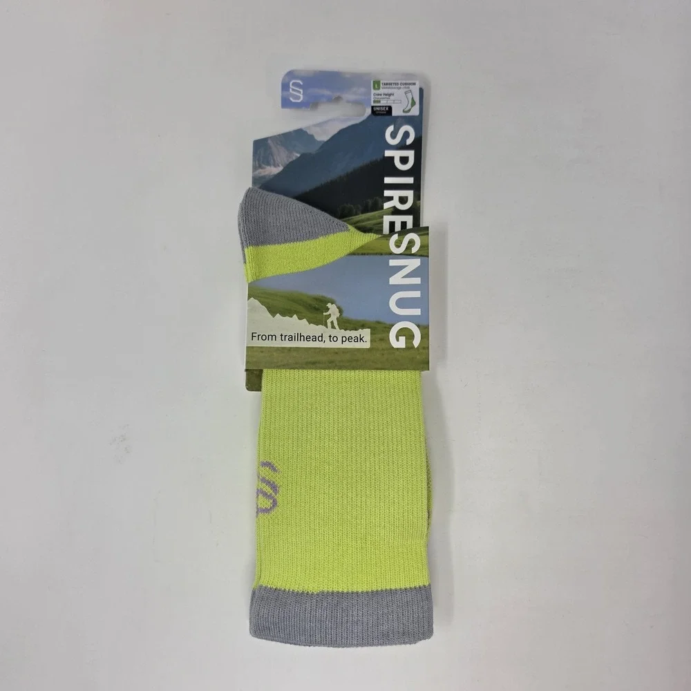 New! SpireSnug Crew Targeted Cushion Coolmax Hiking Socks Neon Yellow Gray Large